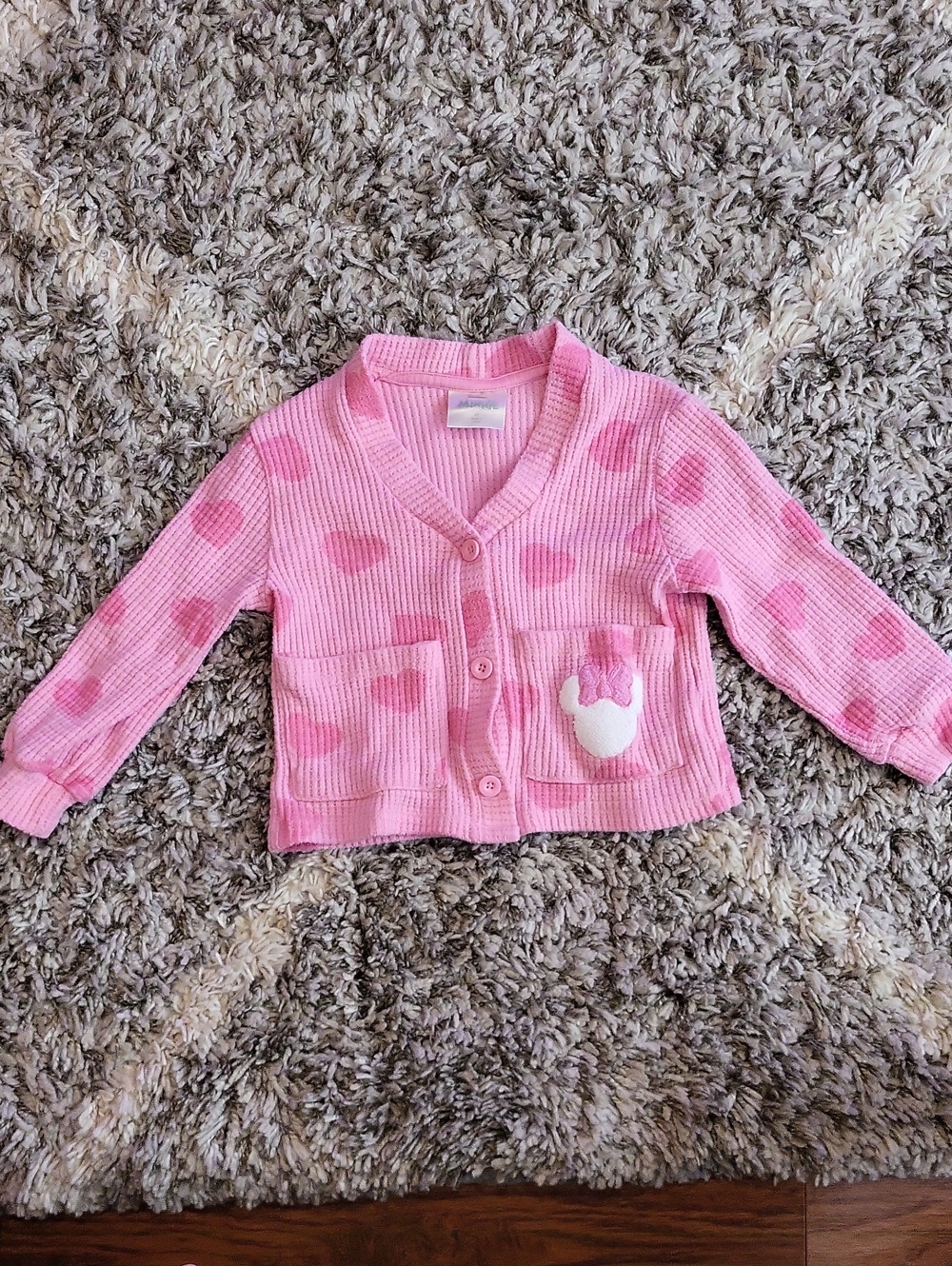 Pink Heart-Print Knit Cardigan with Bow Pocket Accent for Kids